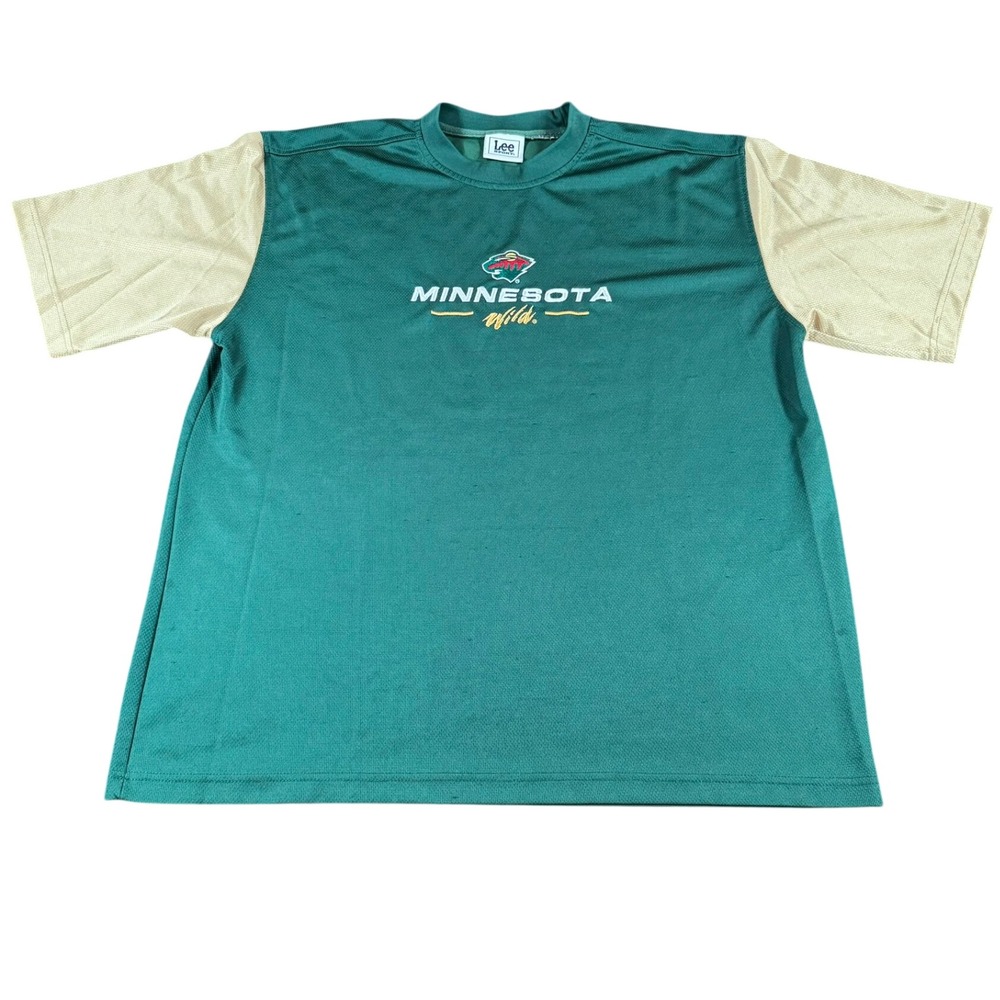 Vintage Lee Sport Minnesota Wild NHL Embroidered Green Tan Shirt Mens XL
